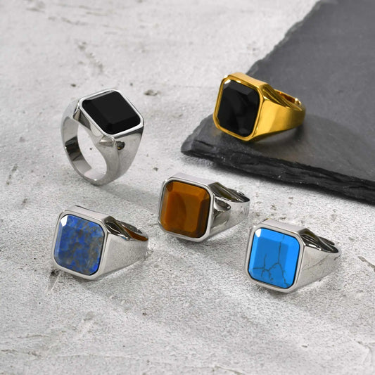 Punk Natural Stone Ring for Men Boys,Never Fade Stainless Steel Square Signet Ring,Birthday Valentine's Day Father Gift for Him