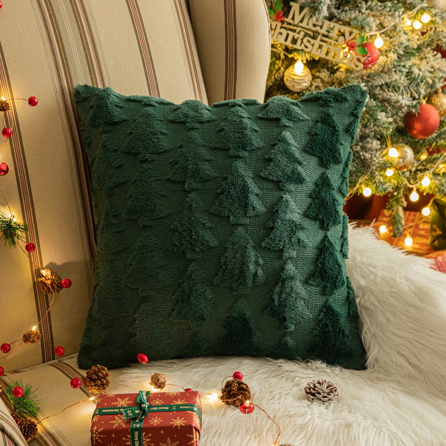 1/2 Pack Christmas Tree Square Throw Pillow Cases Snowflake Shaggy Plush PillowCases Embroidered Sofa Cushion Cover Home Decor