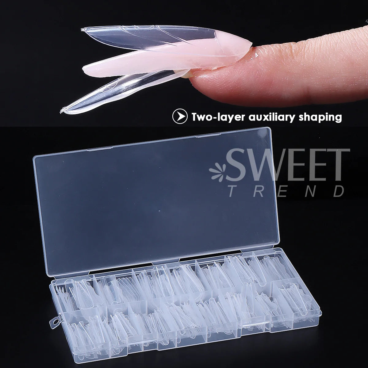 180pcs New Sandwich Nail Extension Mold Interlayer Dual Nail Forms Easy To Shape Oval/Coffin Mixed 15 Size Prolong Tool Manicure