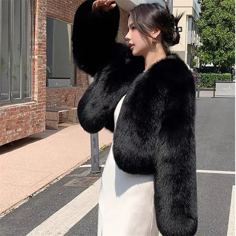 2025 Fashion Black Pink Fur Coat Women's Short Fox Fur Jacket Korean V-neck Streetwear Lady Outerwear Loose Tops Autumn Winter
