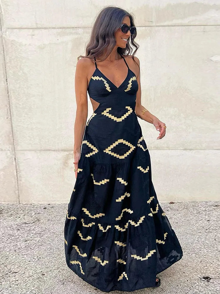 Women's Summer Sexy  Backless Street Casual Dress Women's Fashion Suspender V-neck Hem Slit Resort Style Dress Y2k 2025