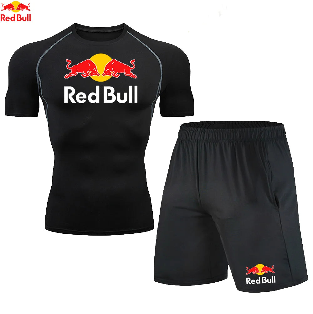 Red BullRashguard Short Sleeve T Shirts Shorts Suits Men Tracksuit Gym Boxing Jerseys Compression Shirt Fitness Running Training