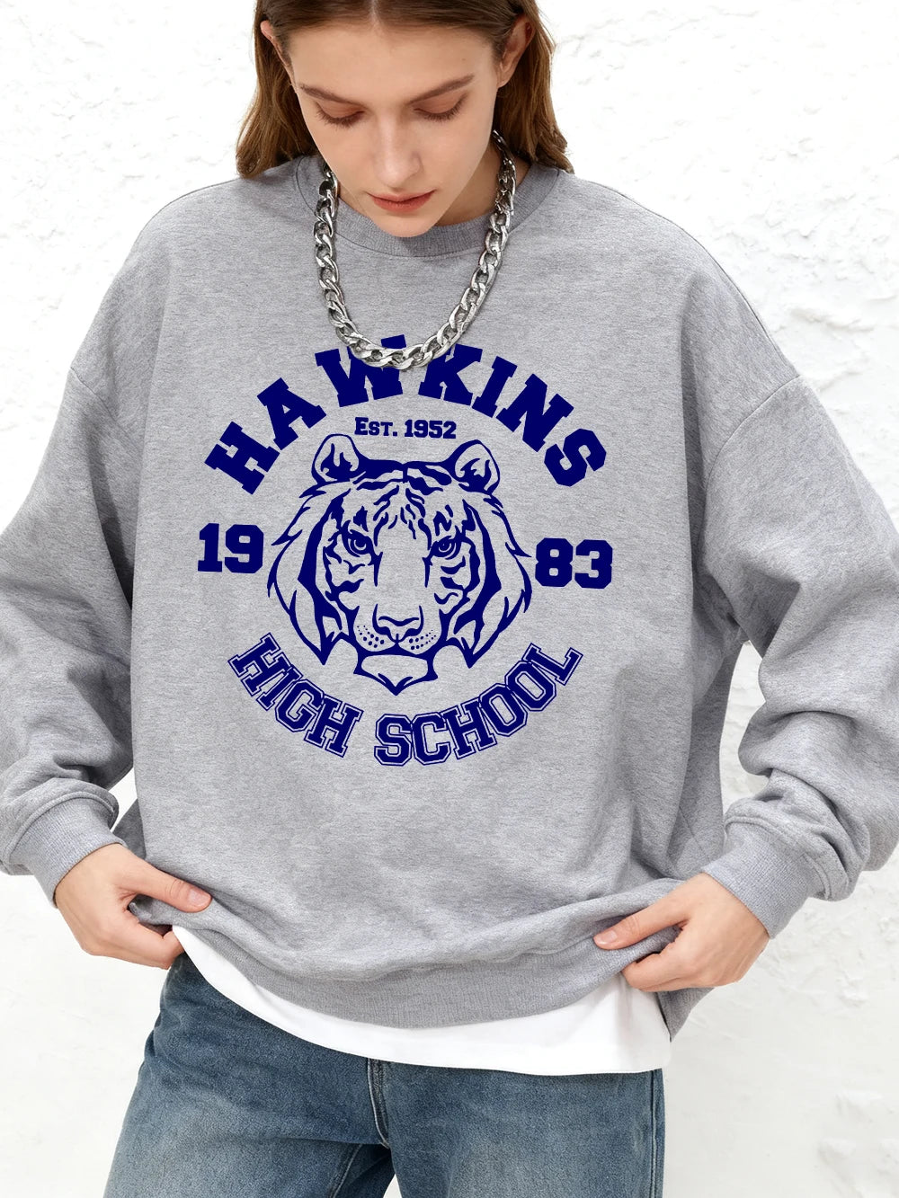 Hawkins High School Prints Sweatshirt Womens Winter Fleece Warm Hoodie Crewneck Jogger Pullovers Casual Loose Womans Clothes
