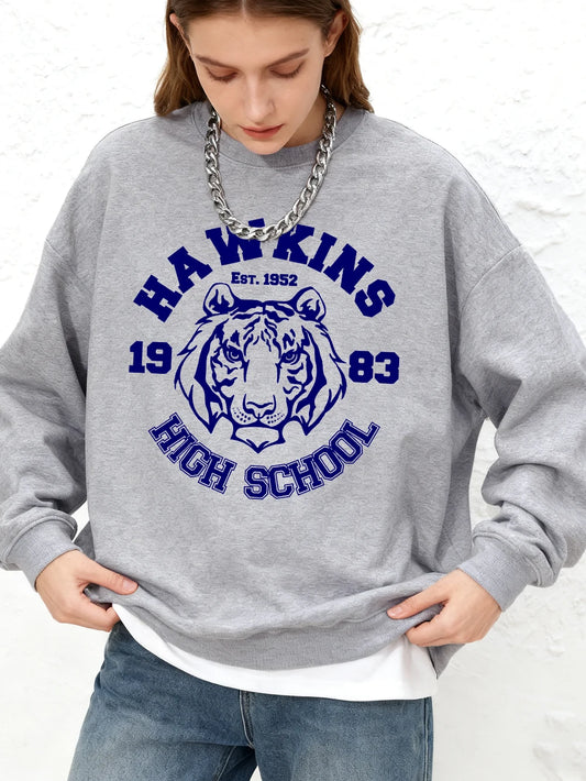 Hawkins High School Prints Sweatshirt Womens Winter Fleece Warm Hoodie Crewneck Jogger Pullovers Casual Loose Womans Clothes