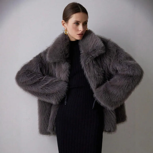 2025 Autumn Winter New Fashion Women's Solid Color Turn-down Collar Long Sleeve Simple Basic Elegant Faux Fur Jacket Female Coat