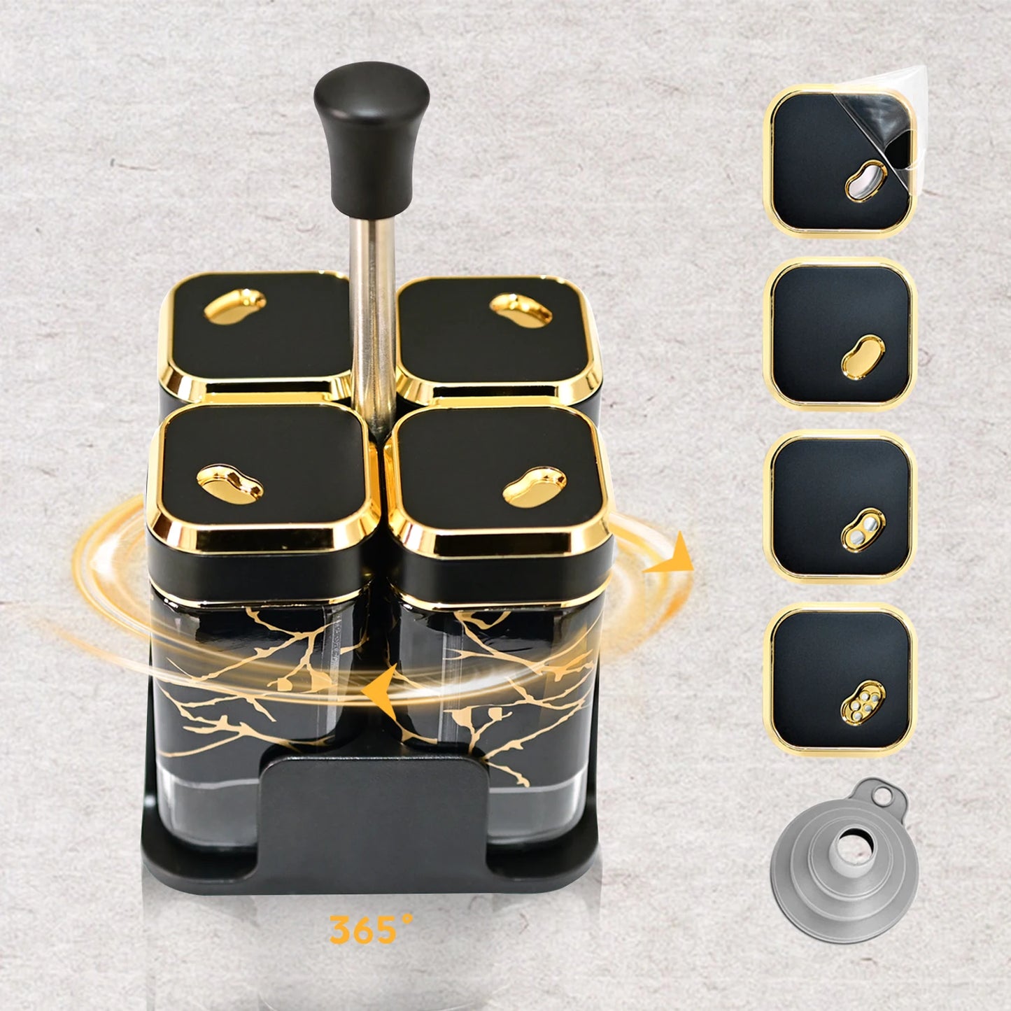 Set of 4 Spice Jars, Square Spice Jar 360° Swivel Spice Hole Lid with Non-Slip Base, Kitchen Storage and Organisation