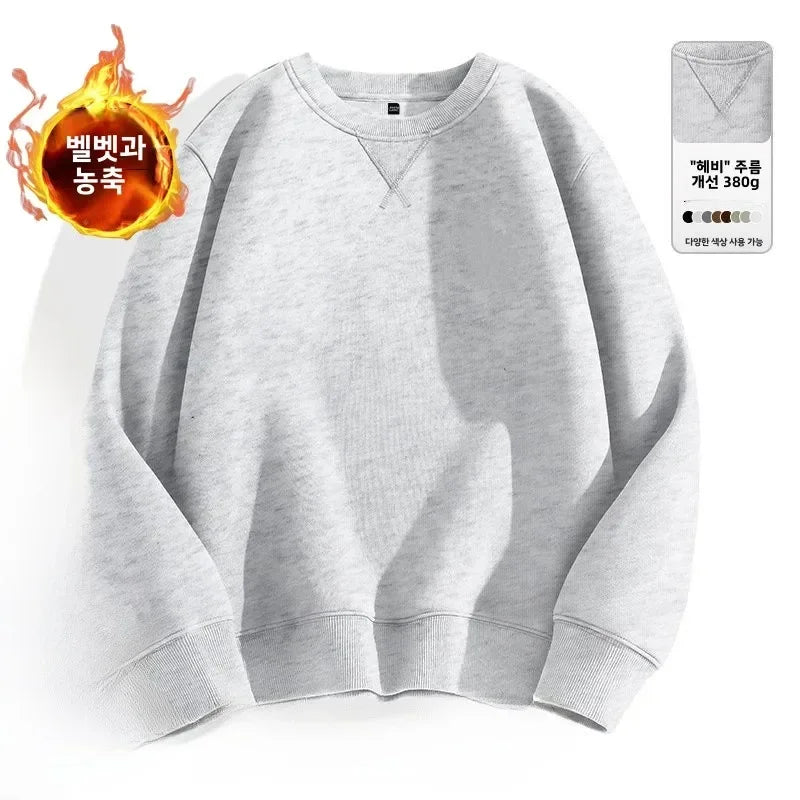 Thickened Fleece Hoodless Sweatshirt Men's Round Neck Winter Casual Loose Fit Cotton Polyester Long Sleeve Self Heating