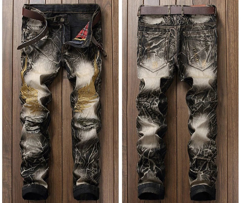 Motorcycle Clothing Men Cowboy Man Ripped Embroidered Straight Slim Retro Men's Pants Primary Color Beggar Nightclub Trousers