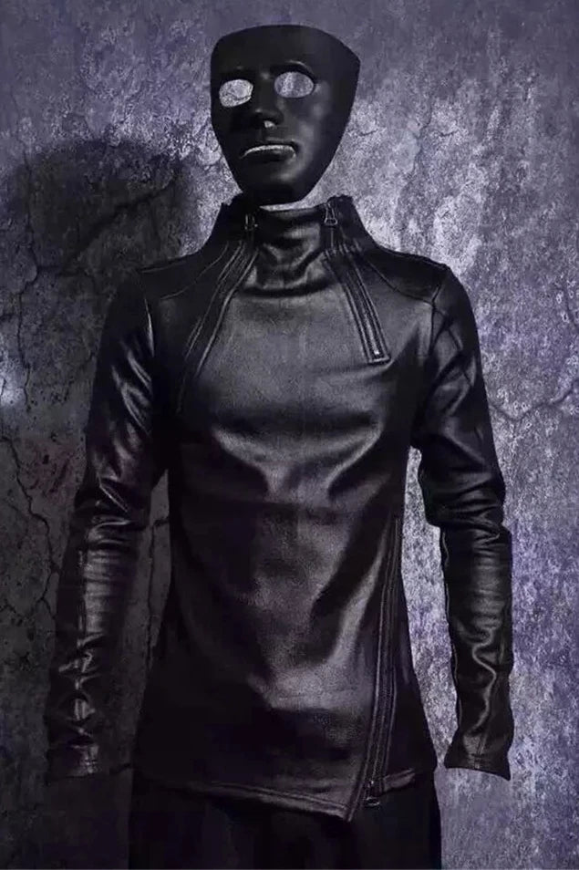 Winter Fleece-lined Thick Warm Sweatshirts Men's Slim-Fitting Cool Stitching Irregular Stand Collar Fashion Bottoming Shirt