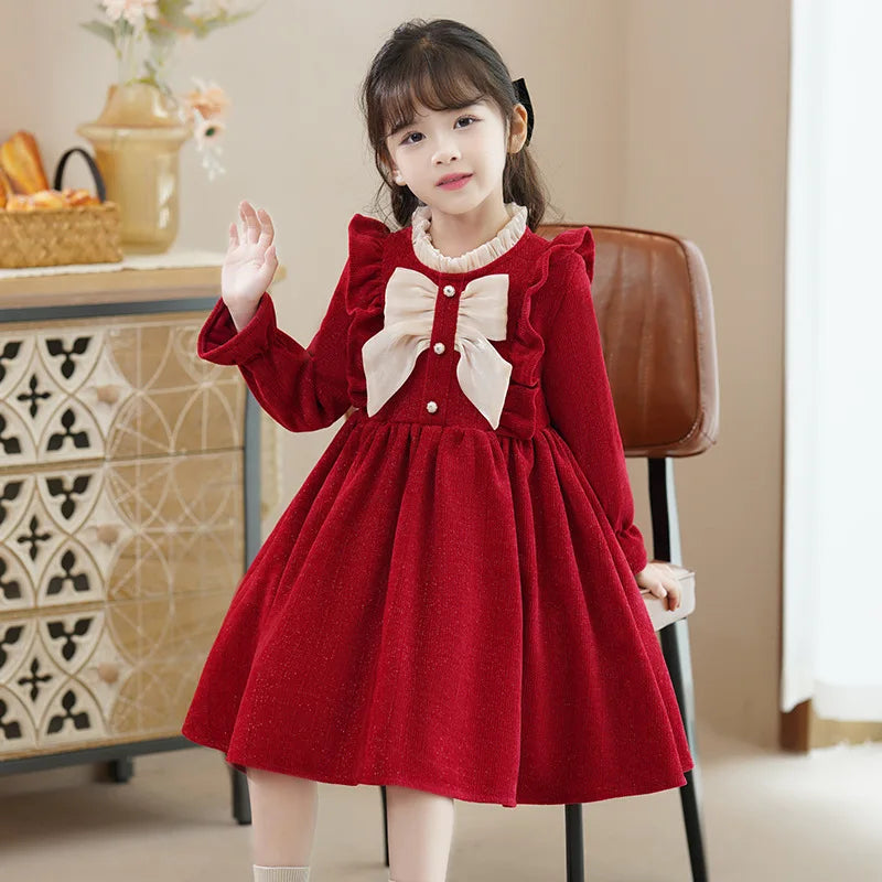 Young Girls' Winter Princess Clothes Red Thickened Velvet Dresses Baby Girl One-piece New Year's Birthday Party Corduroy Dress ‌