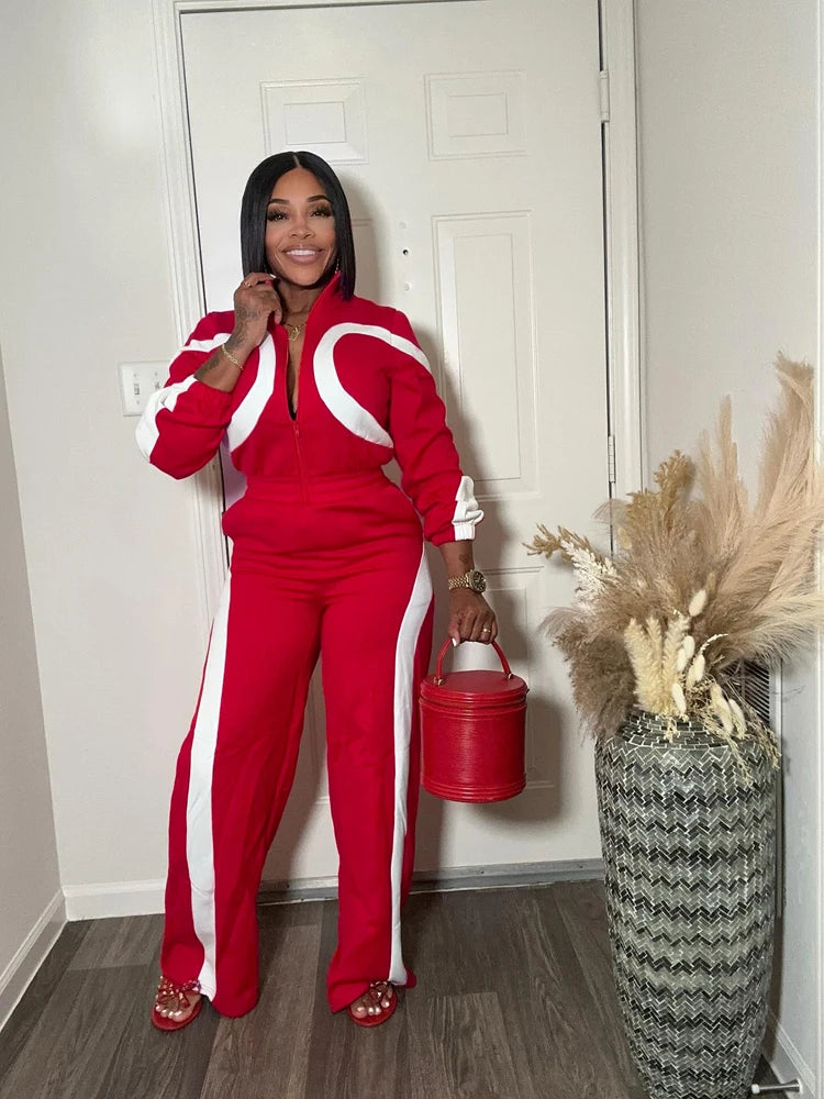 Fall Jumpsuit Woman Clothes 2025 New Fashion Color Block Sports Casual Long Sleeve Half Zipper Elastic Waist Rompers Streetwear