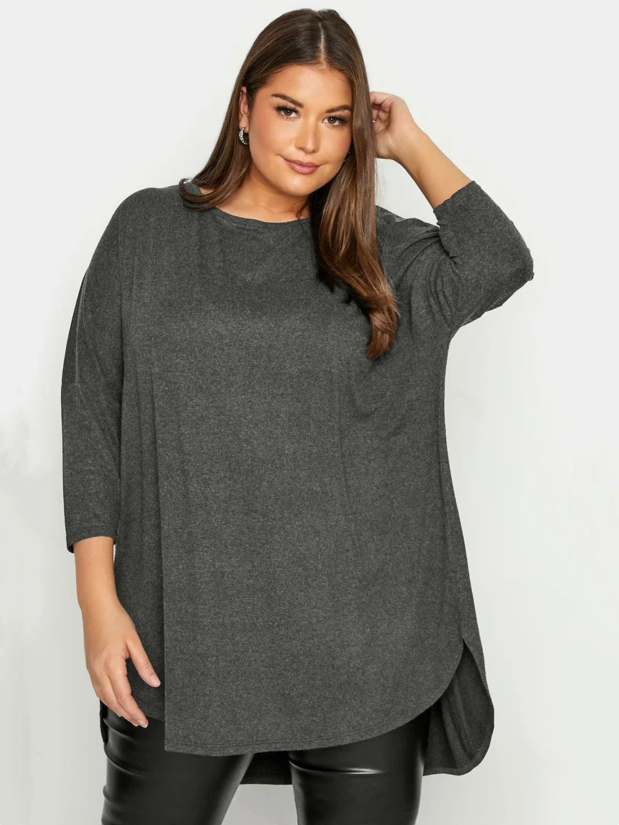 Plus Size Spring Autumn Elegant Hi Low Tunic 3/4 Batwing Sleeve Long Loose Blouse Dark Grey Pleat Back Large Size Casual Top 6XL