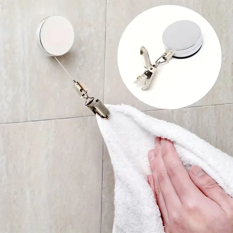 1PC Automatic Retractable Towel Rack No-Drill Self-Adhesive Wall Mounted Hand Towel Holder with Stainless Steel Cable Clamp