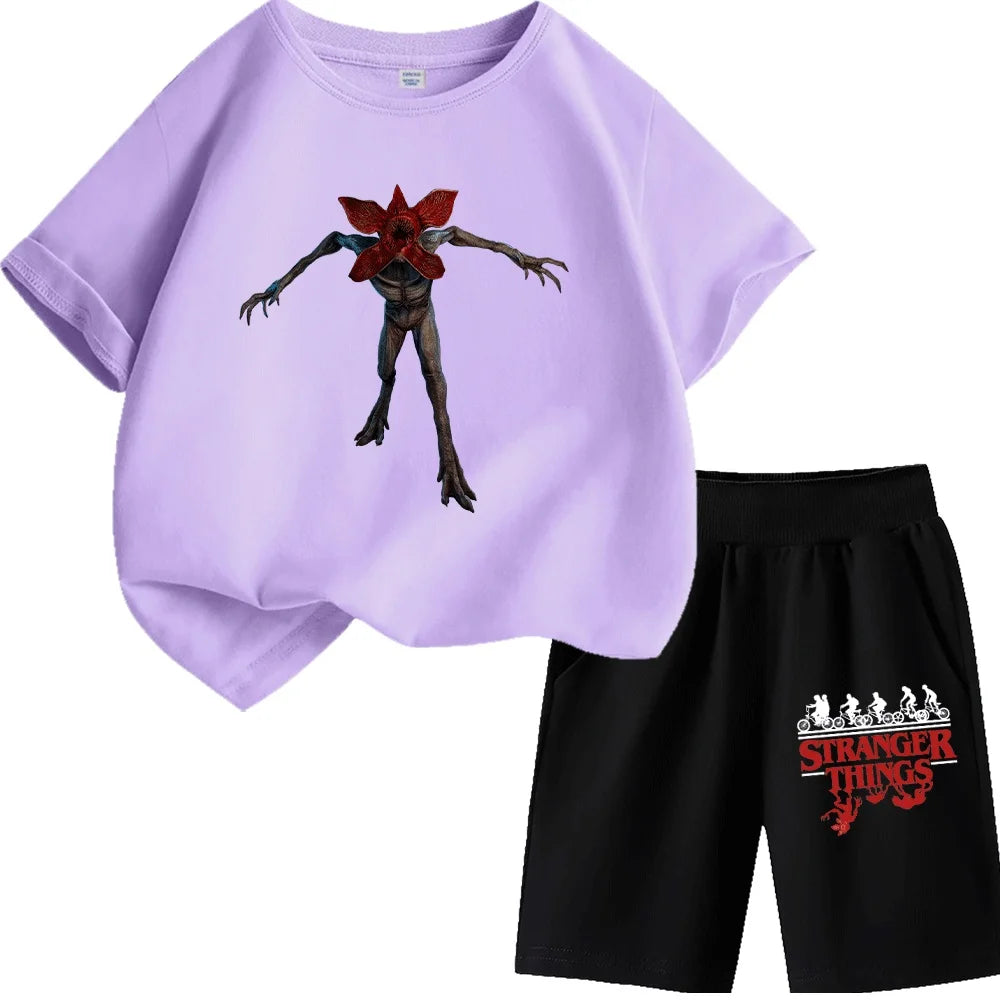 Kids Stranger Things Demogorgon Print T-Shirt Set, Fashionable and Comfortable Short-Sleeve T-Shirt for Boys and Girls, Unique