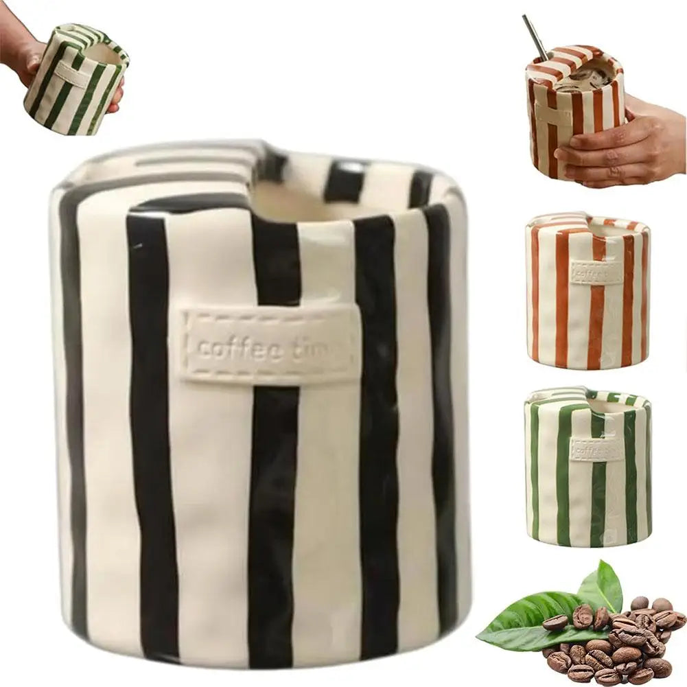 Vintage Stripe Hand Painted Ceramic Mug Creative Dual Compartment Coffee Cup for Office Afternoon Tea Breakfast