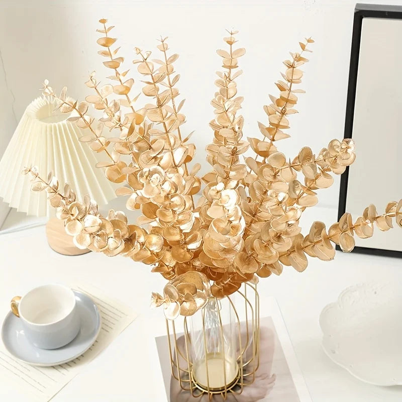 10/20pcs Golden Eucalyptus Artificial Flowers Christmas Home Decor Weddings Birthdays Office Desk Decoration Artificial Plants