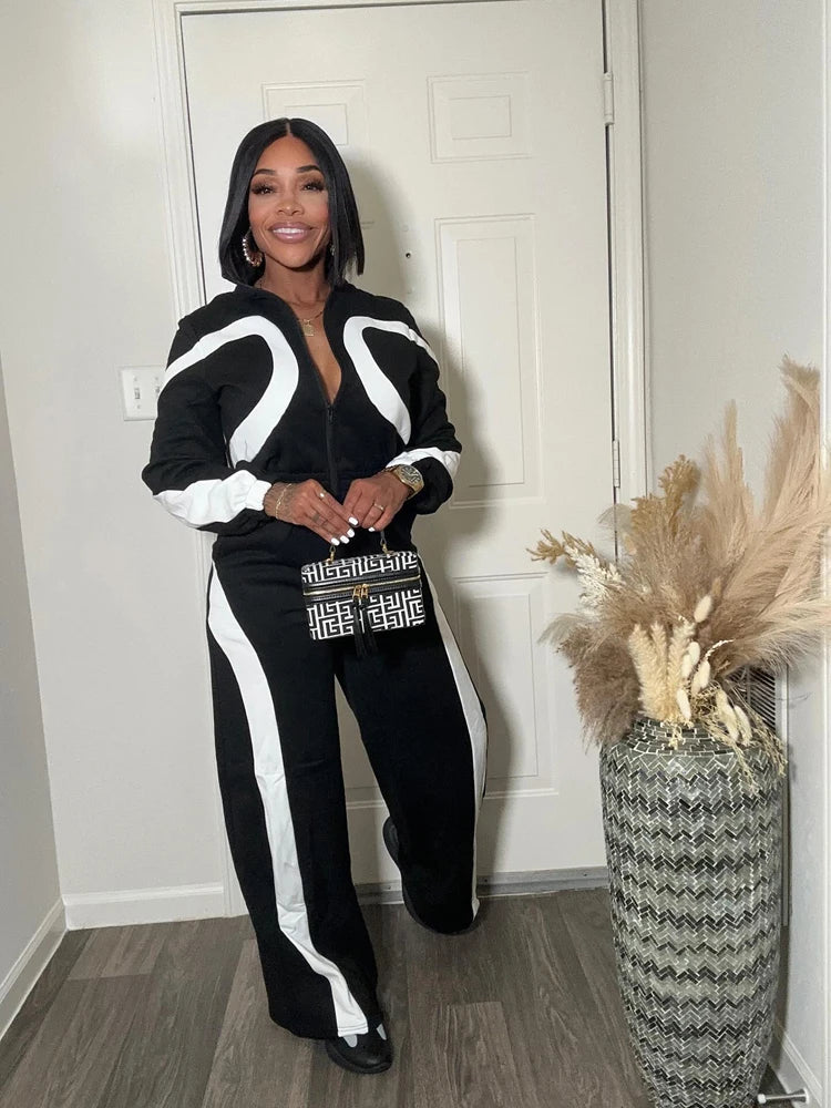 Fall Jumpsuit Woman Clothes 2025 New Fashion Color Block Sports Casual Long Sleeve Half Zipper Elastic Waist Rompers Streetwear