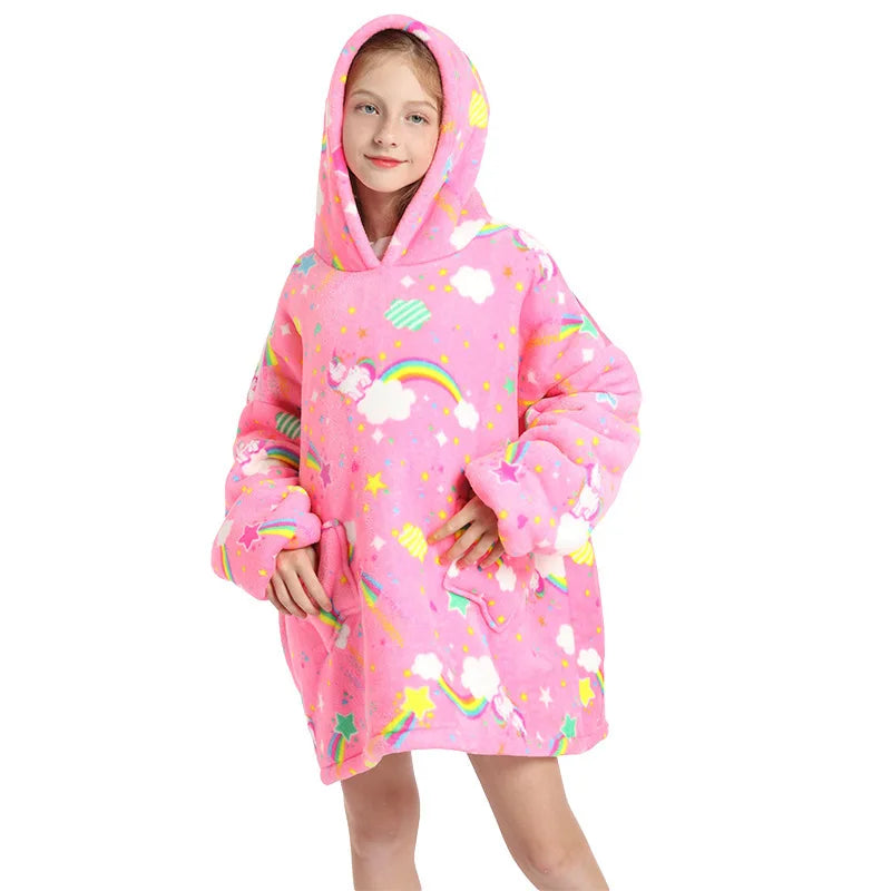 Kids Hoodie Homewear Oversized Blanket with Sleeves Cartoon Print Robe Boy Sweatshirt Teenage Girl Hoodie Children Warm Clothes