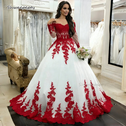 White And Red Wedding Dress A-Line Garden Bridal Gowns Off-Shoulder Long Sleeves Elegant Bride Dress Customized