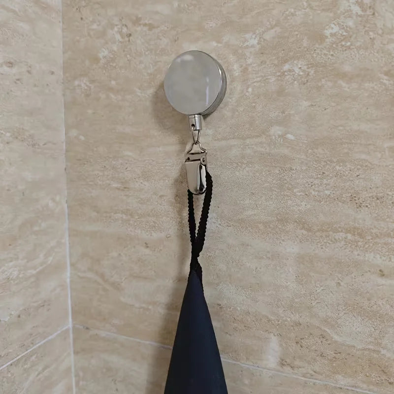 1PC Automatic Retractable Towel Rack No-Drill Self-Adhesive Wall Mounted Hand Towel Holder with Stainless Steel Cable Clamp