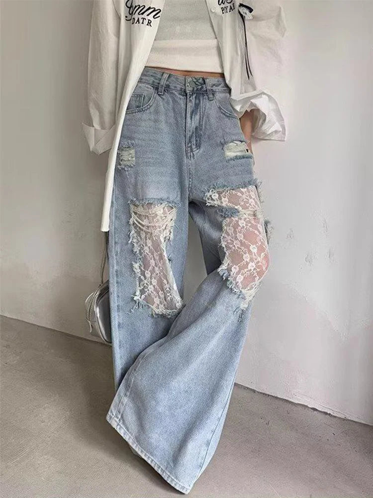 2025 Women's Y2K American Style High Waist Lace Spliced Denim Pants Loose Wide Leg Trousers Fashion Hottie Hole Patchwork Jeans