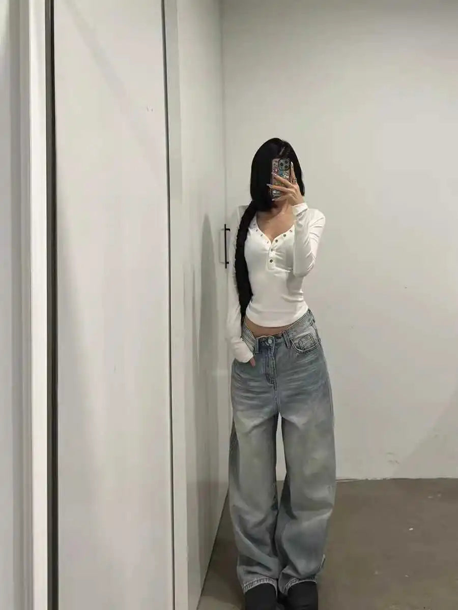 Light Wa Retro Straight Leg Jeans Women's Spring Autumn High Waist Loose Versatile Floor Length Casual Wide Leg Long Pants