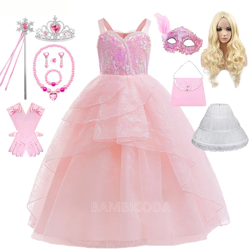 The--Wicked Glinda Elphaba Cosplay Costume Glinda Pink Princess Dress Costume For Girl Party Cosplay Movie Party Witch Clothing