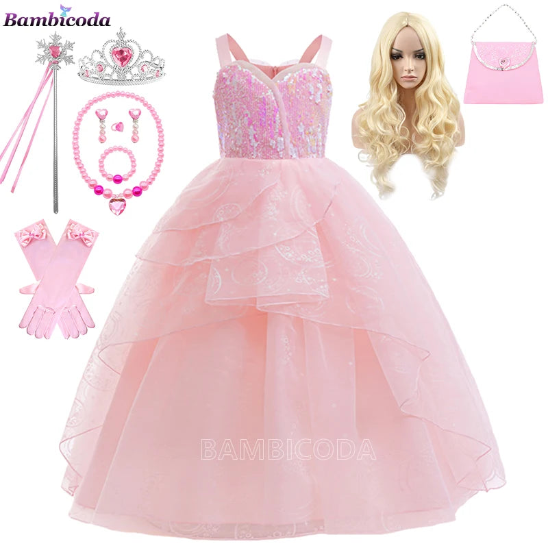 The--Wicked Glinda Elphaba Cosplay Costume Glinda Pink Princess Dress Costume For Girl Party Cosplay Movie Party Witch Clothing