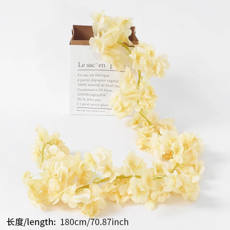 180CM Artificial Cherry Blossoms Vines Silk Sakura Flowers Rattan Hanging Garland Ornaments Wedding Party Garden Home Decoration