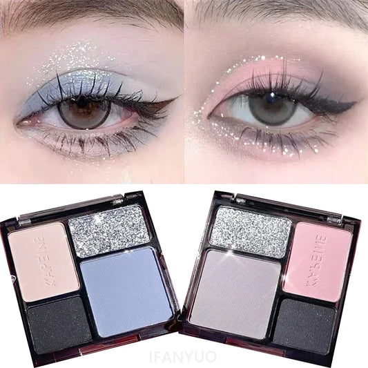 4-Color Eye Shadow Palette Makeup Glitter Blue Pearlescent Metallic Korean Acrylic Smoky Eye Shadow Palette Makeup Cosmetics