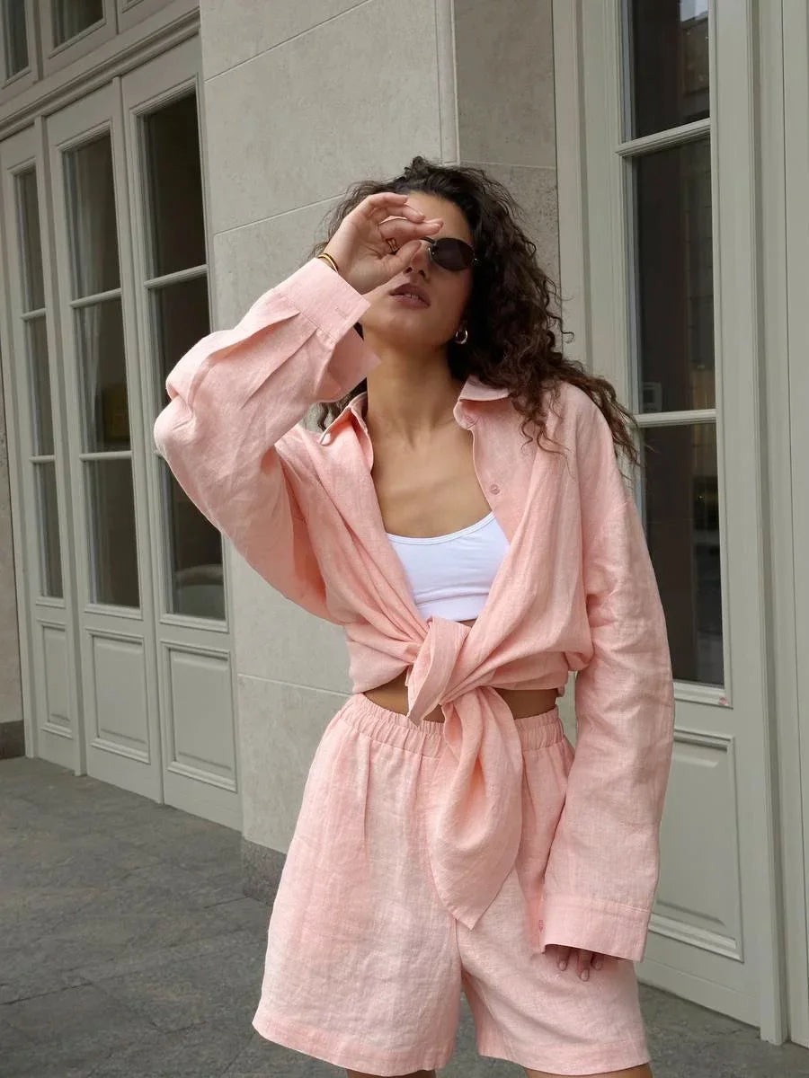 Bornladies Cotton Casual Pants Sets Women's Solid Color Cozy Lapel Long Sleeve Shirt Summer Outfit Elastic Waist Pants Suits