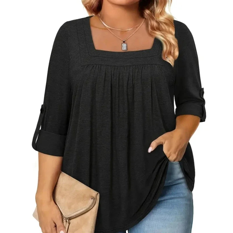 Plus Size Summer 1XL-5XL Women's Fashionable Solid Color Square Neck Blouse Ladies Casual Summer Solid Color Blouse Shirt Tops