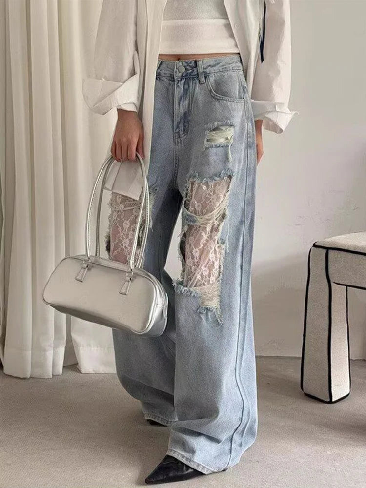 2025 Women's Y2K American Style High Waist Lace Spliced Denim Pants Loose Wide Leg Trousers Fashion Hottie Hole Patchwork Jeans