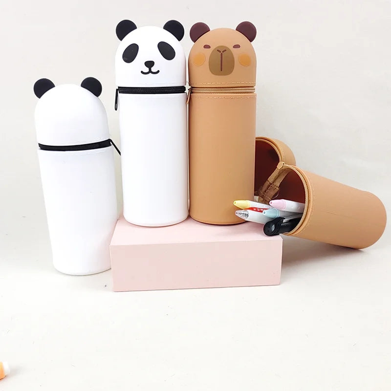 1PCS cartoon Giraffe/ Bee/Panda Kawaii Animals Silicone Telescoping Pencil Case Student Large Capacity Stationery Bag Learn