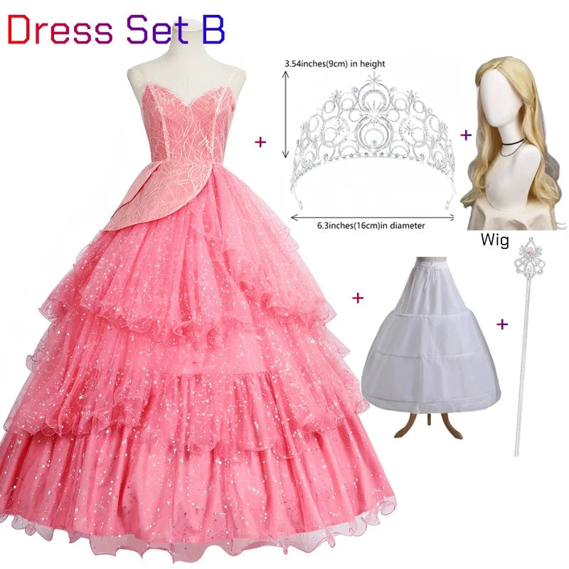 Wicked Glinda Dress for Adults Pink Glinda Cosplay Costume Dress Halloween Dance Party Show for Women Role-Playing Party Outfit