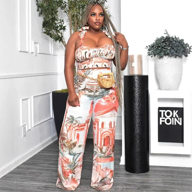 Doyerl Printing Pattern Two Piece Set Woman Holiday Outfits Lace-up Strapless Crop Top and Wide Leg Pants Matching Sets Ensemble