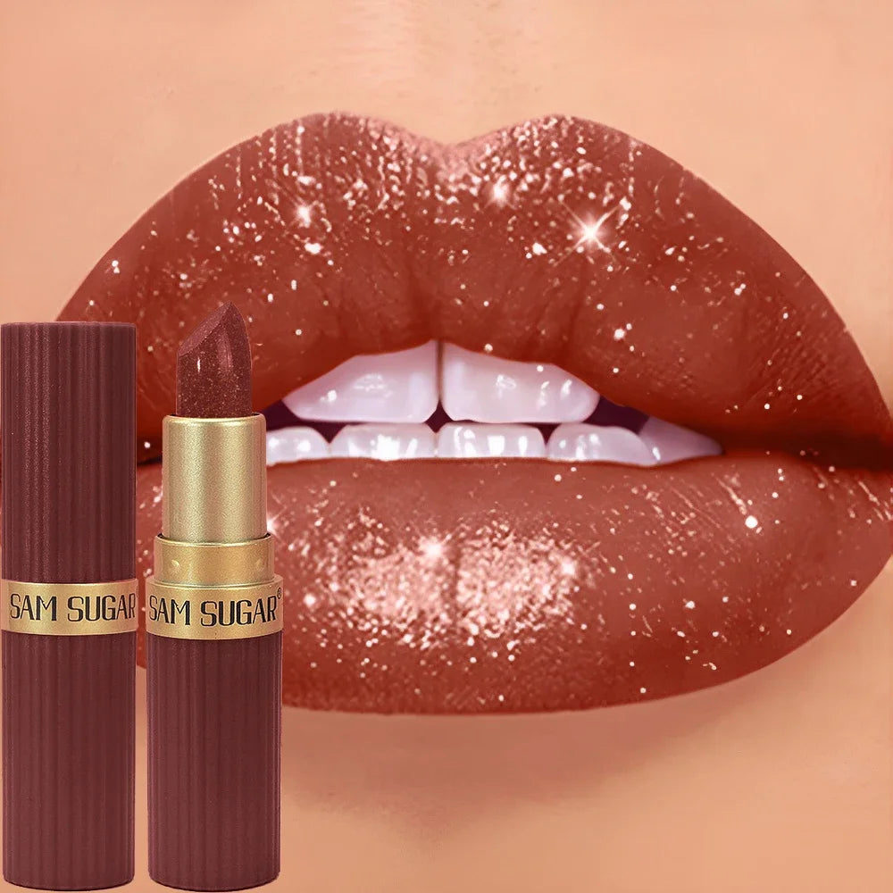 Chocolate Brown Luxurious Metallic Glitter Lipstick Long-Lasting Waterproof Non-Fade Shimmery Pearl Sparkling Lip Gloss Makeup
