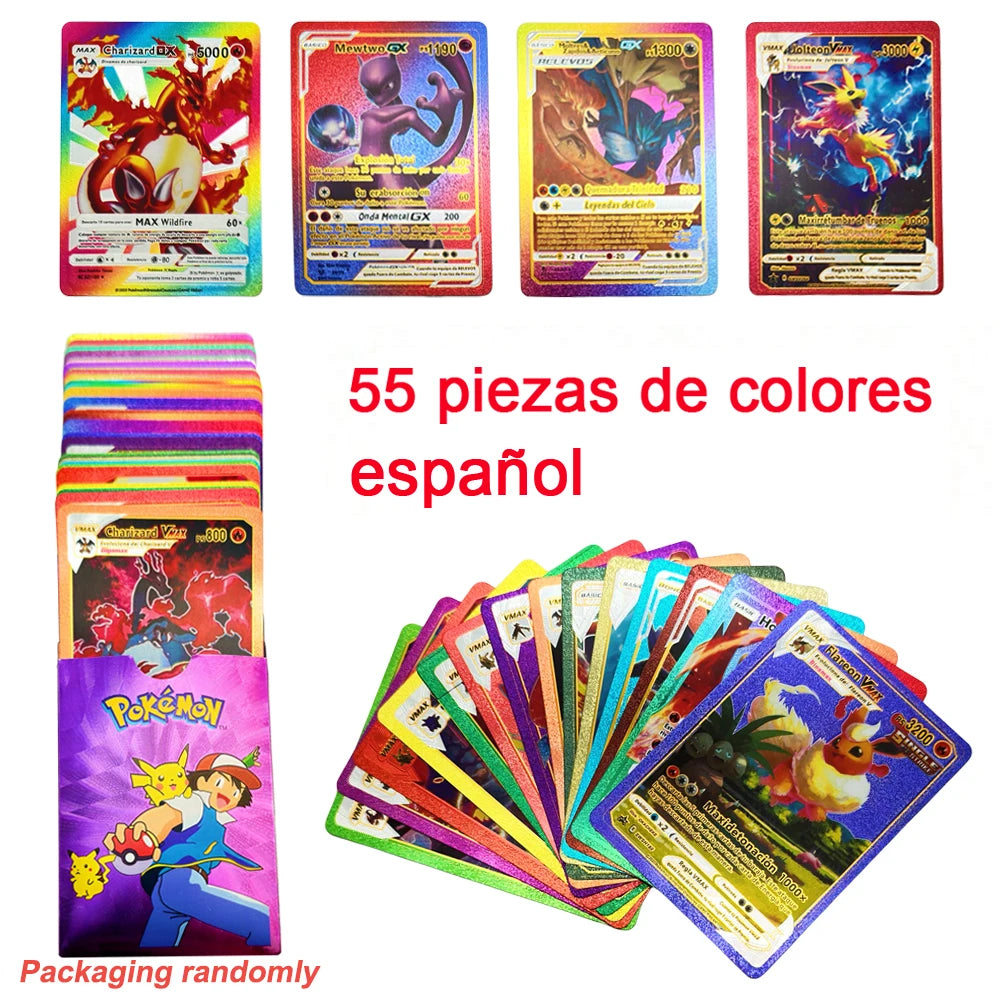 27-55Pcs Pokemon 3D Cards Colorful Shining English Spanish Vmax Gx Charizard Pikachu Trading Collection Battle Card Toys Gifts