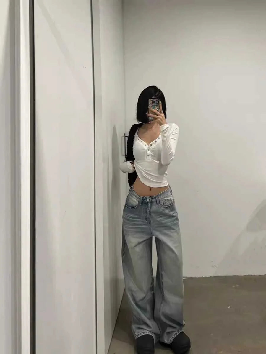 Light Wa Retro Straight Leg Jeans Women's Spring Autumn High Waist Loose Versatile Floor Length Casual Wide Leg Long Pants