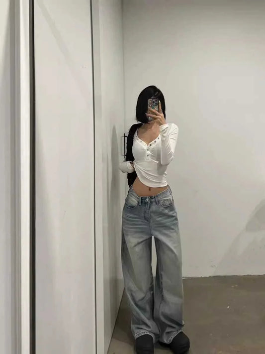 Light Wa Retro Straight Leg Jeans Women's Spring Autumn High Waist Loose Versatile Floor Length Casual Wide Leg Long Pants
