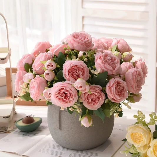 30cm Rose Pink Silk Bouquet Peony Artificial Flower 5 Big Head 4 Small Bud Bride Wedding Home Decoration Artificial Flower