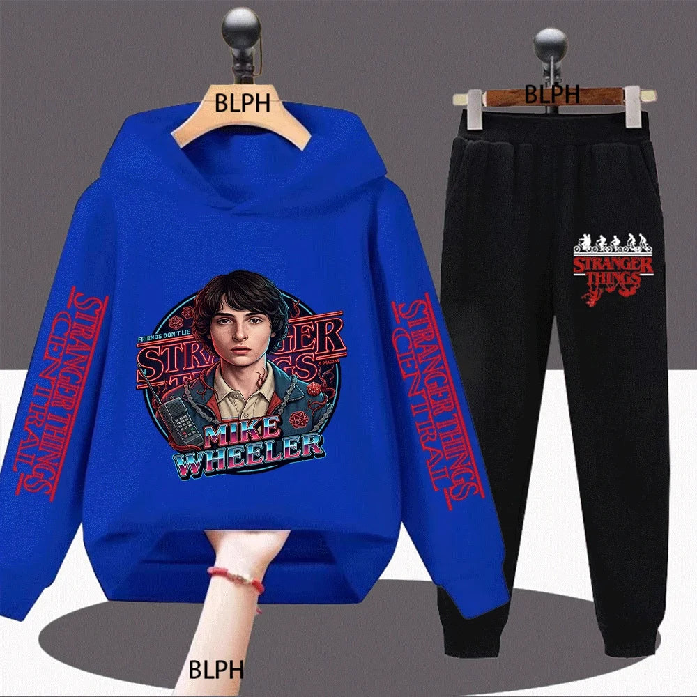 Kids Stranger Things Mike Wheeler Graphic Hoodie Set, Classic TV Show Inspired Casual Sweatshirt and Pants Outfit for Boys Girls