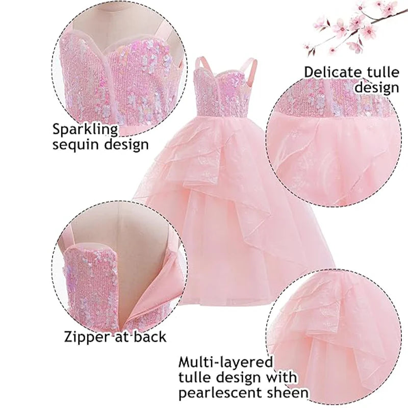 Good Witch Glinda Costume Pink Dress With Crown Magic Wand And Gloves For Wicked Girls Halloween Cosplay Birthday Prom Outfits