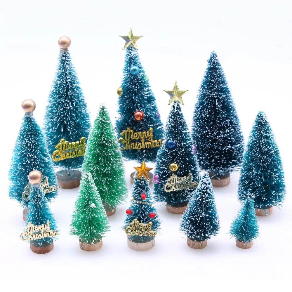 1Pcs "Merry Chrismas" Sisal  Simulation Christmas Tree Miniature Scene  Snowflakes Little Pine Needle Tree Dollhouse Decor