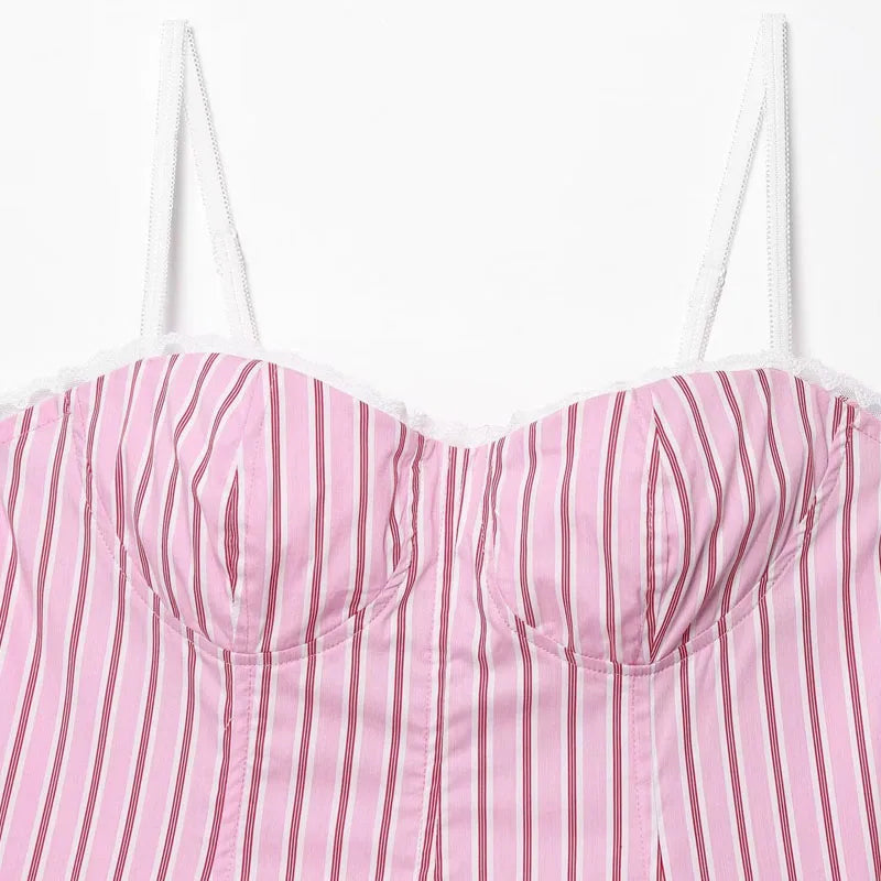 HXAO Summer Women's Two Pieces Set New Pink Striped Open Back Halter Top Pant Sets Crop Zipper Top With Lace Casual Women's Suit