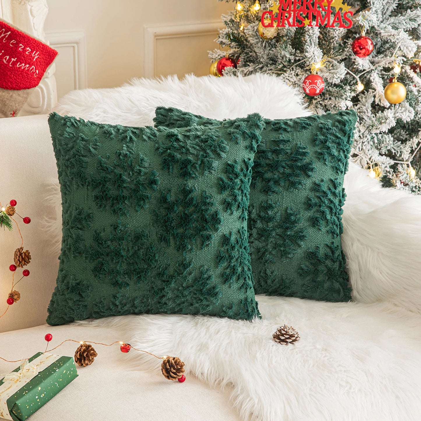 1/2 Pack Christmas Tree Square Throw Pillow Cases Snowflake Shaggy Plush PillowCases Embroidered Sofa Cushion Cover Home Decor