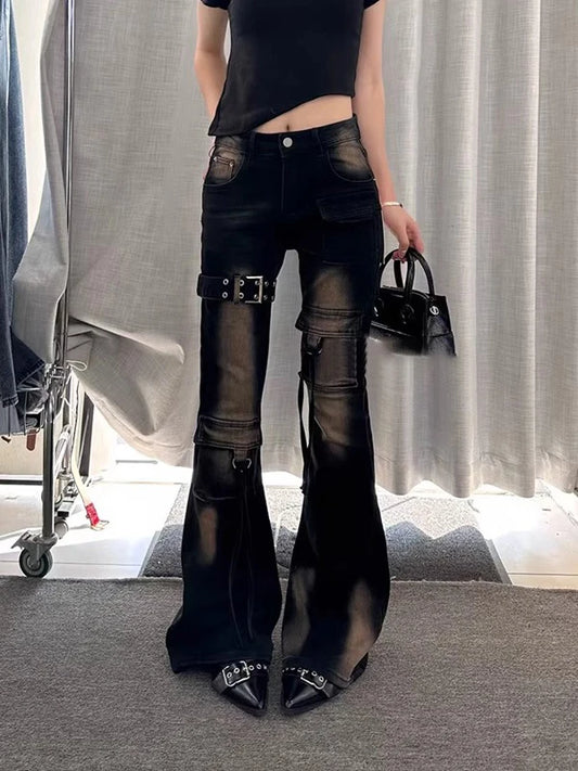 Retro Waed American High Street Spliced Workwear Denim Pants Women's Spring New Sle Micro Flared Long Trousers