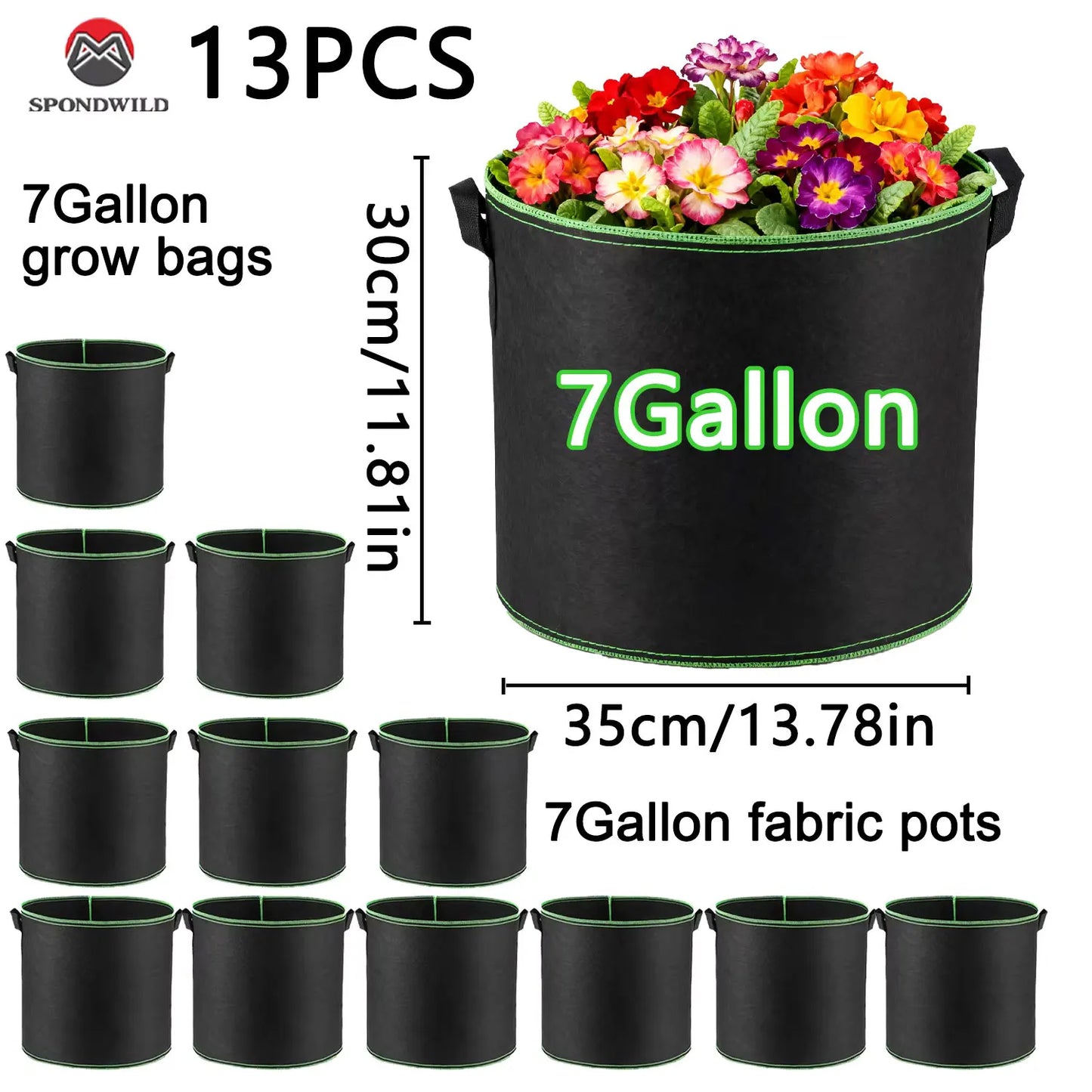 3/5/7 Gallon Grow Bags with Handles & Lock Edges, 5/6/13 Packs Non-Woven Fabric Pots, Reinforced Planting Bags for Vegetables
