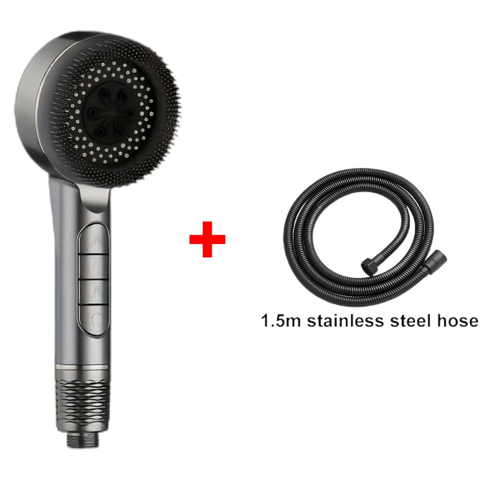 4 Modes Pressurized Shower Head Thickened ABS Handheld Filter Showerhead with Silicone Brush One-Key Stop Water Shower Nozzle