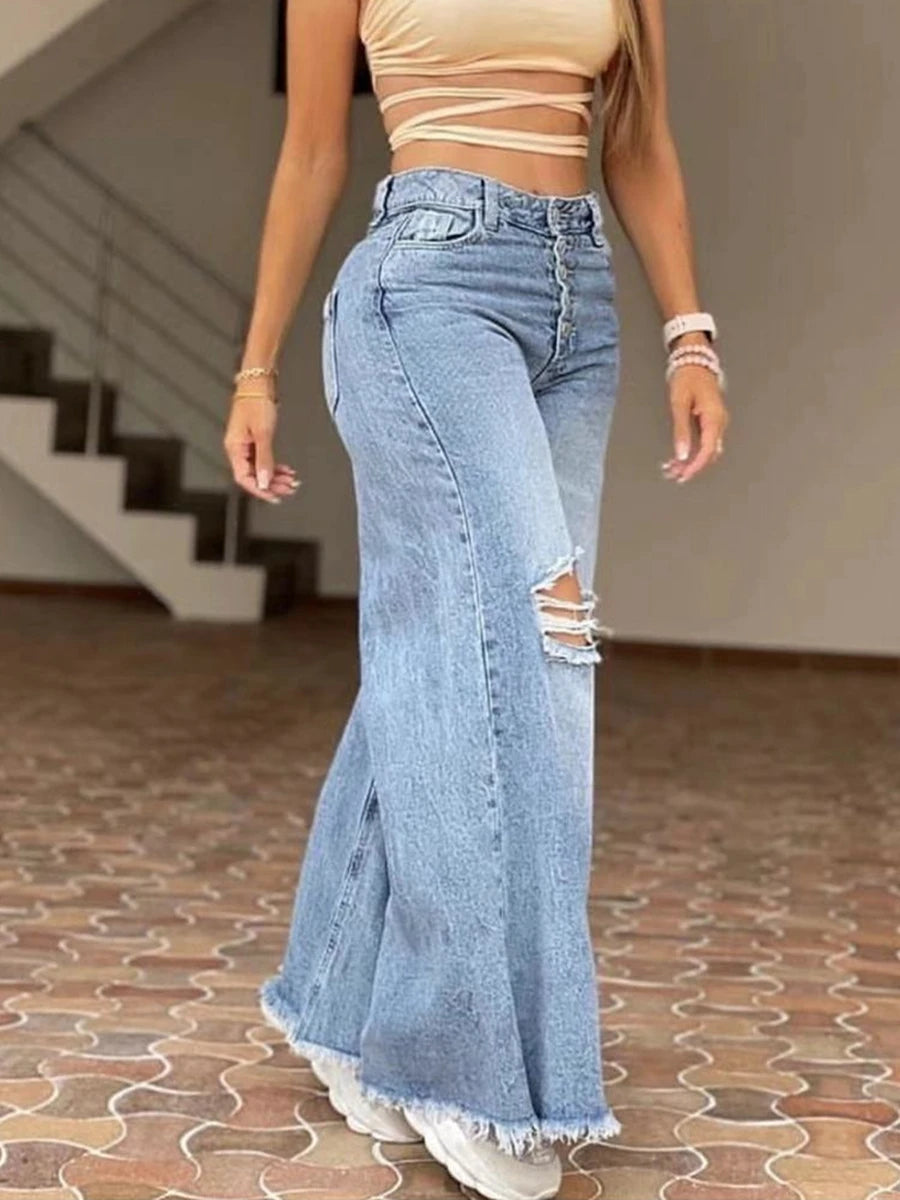 Women's Fashionable High Waisted Retro Loose Hole Wide Leg Pants Light Color Washed New Jeans Women's Long Pants